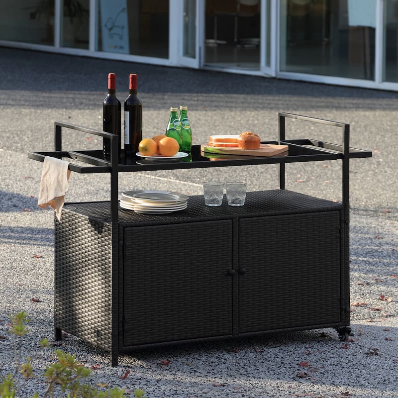 Outdoor Wicker Bar Cars with Glass Top for Porch Backyard Garden Poolside Party - Black