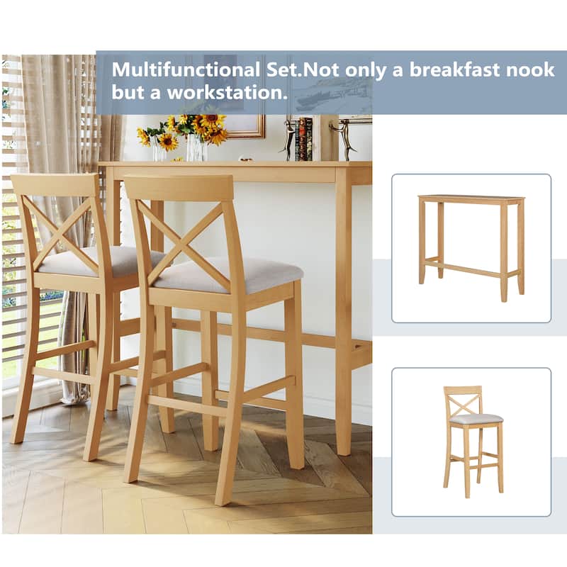 Roomfitters 3-Piece Bar Height Dining Set, 48" Wood Breakfast Nook Table with 2 X-Back Chairs for Small Spaces