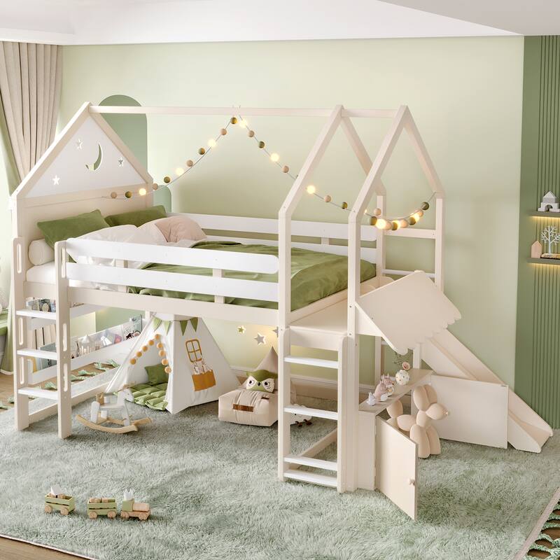 Starry Moon Kids Bed Frame Full Size Bunk Bed House Loft Bed with Built-in Bookshelves, Ladders and Reversible Slide for Playful - Beige - Full
