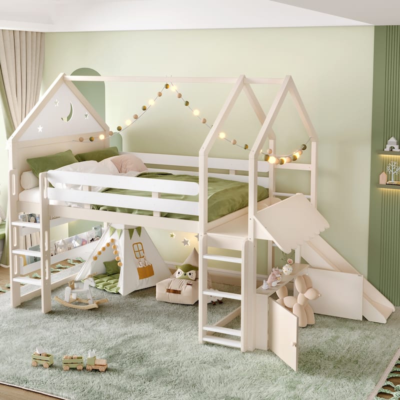 Twin Loft Bed with Slide, Bookshelf & House-Shaped Design for Kids