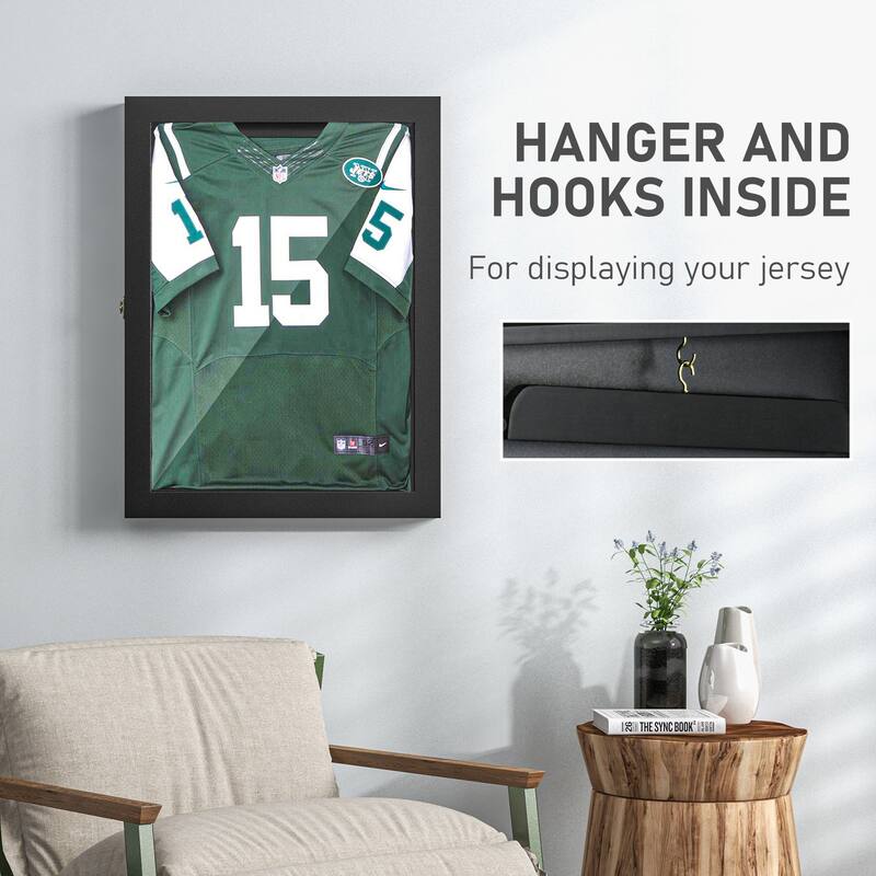 HOMCOM 24" x 32" Jersey Display Case, Wall-Mounted Memorabilia Acrylic Shadow Box with Hanger, Black