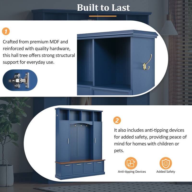 59" Farmhouse Hall Tree - 4-in-1 Entryway Bench with Golden Hooks, Adjustable Shelves & Shoe Storage