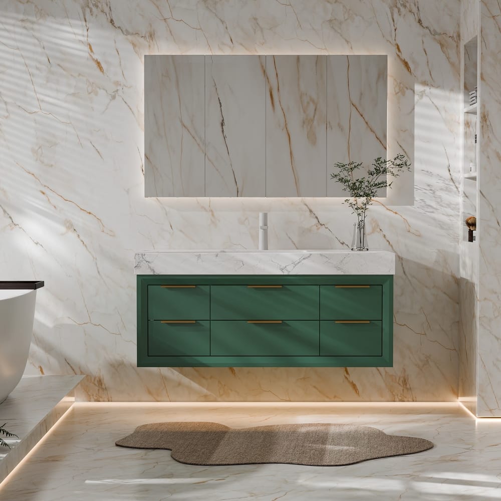 Modland 48" Modern Floating Bathroom Vanity with Single Sink, Soft-Close Drawers, White Stone Countertop