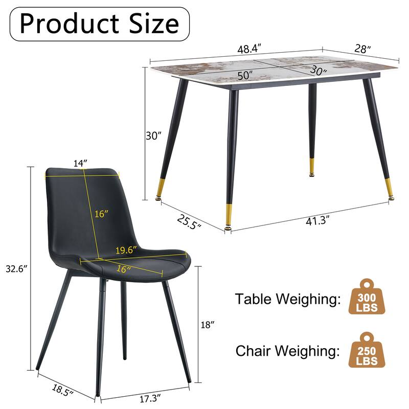 48.4" 5-Piece Sintered Stone Dining Table Set with 4 PU Chairs, Curved Widened Cushions, Pandora Patterned Rock Slab Desktop
