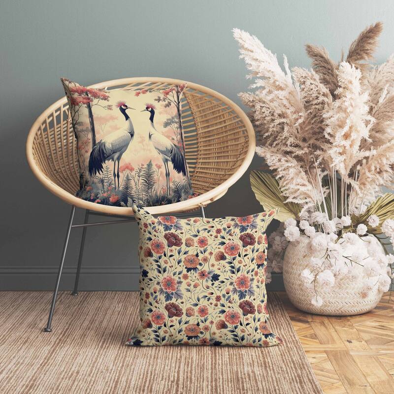 Autumnal Cranes Faux Suede Reversible Throw Pillow Gray and Red