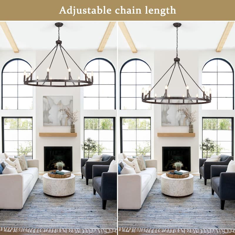 12-Light 37.99 in. Rustic Wagon Wheel Chandelier for Bedroom Kitchen