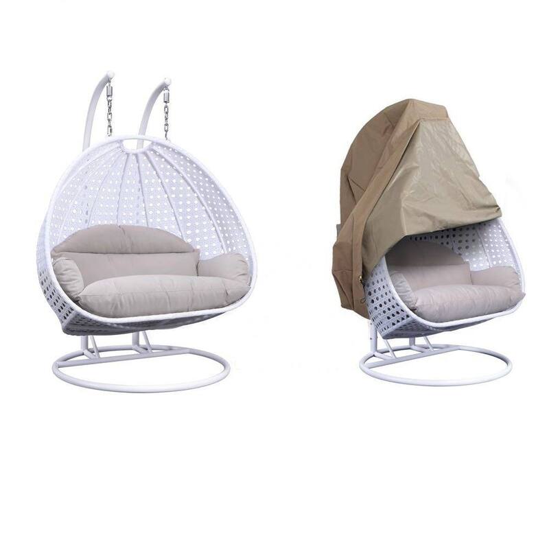 Hanging Egg Swing Chair Durable Iron Frame Breathable Wicker Fits 2 People UV Resistant with Cover by LeisureMod - White