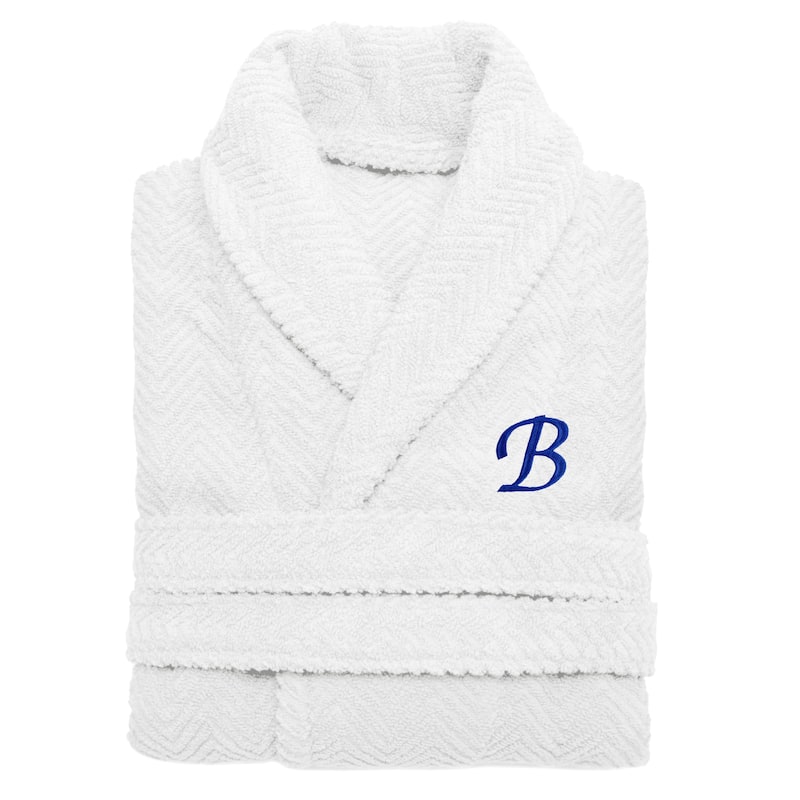 Authentic Hotel and Spa White with Royal Blue Monogrammed Herringbone Weave Turkish Cotton Unisex Bath Robe - S/M - B