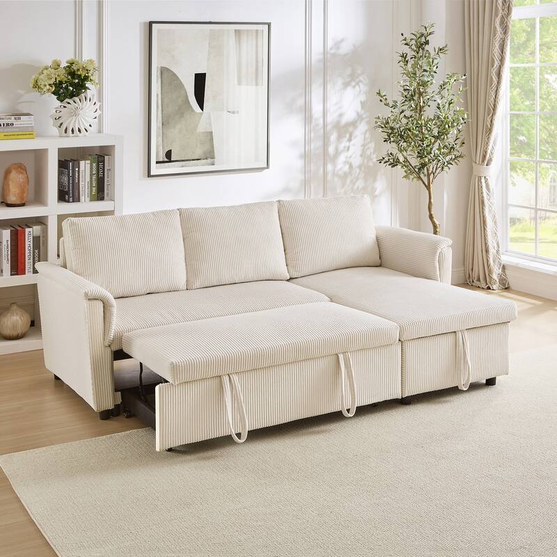 Convertible Corduroy Modular Loveseat Pull-Out Sleeper with Storage Chaise and Reclining Backrest for Living Room - Beige