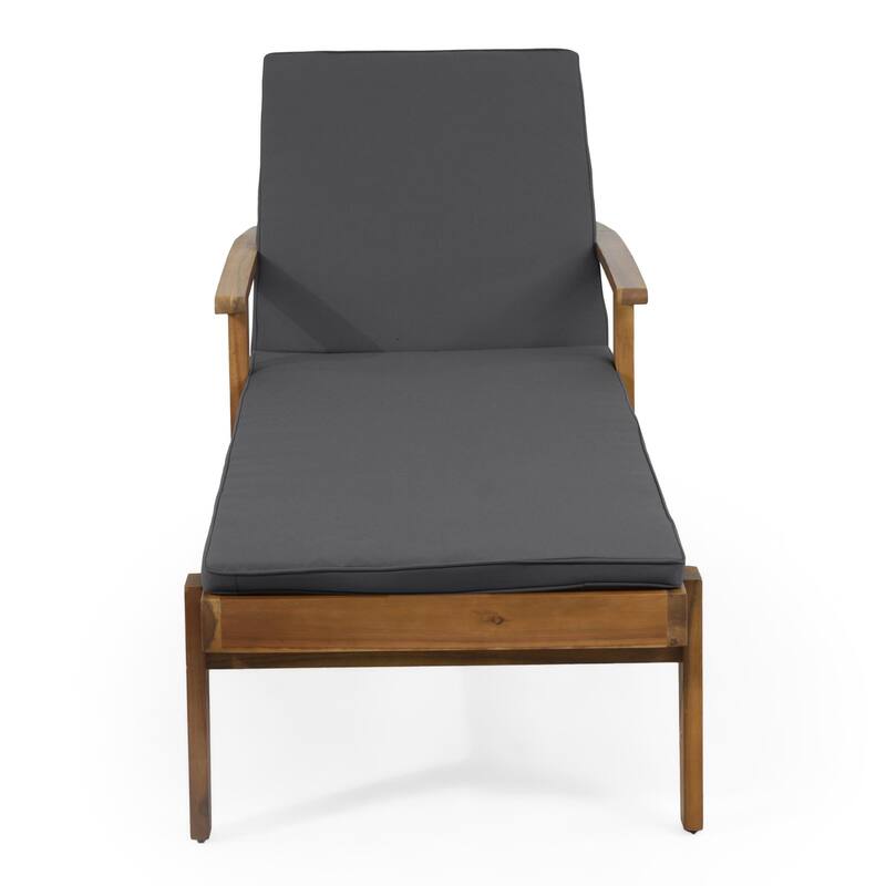 Outdoor solid wood frame chaise lounge with rollers and cushions