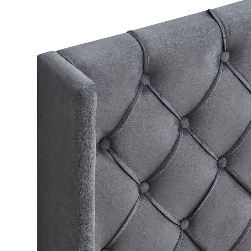 Queen Velvet Button Tufted-Upholstered Bed with Wings Design - Strong Wood Slat Support
