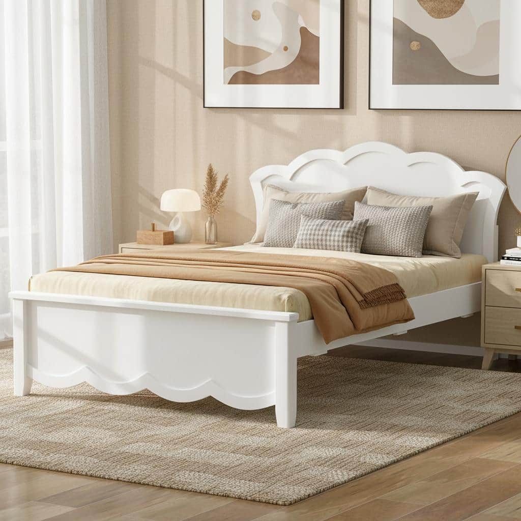 Elegant White Wood Platform Bed with Headboard by Harper&Bright Designs