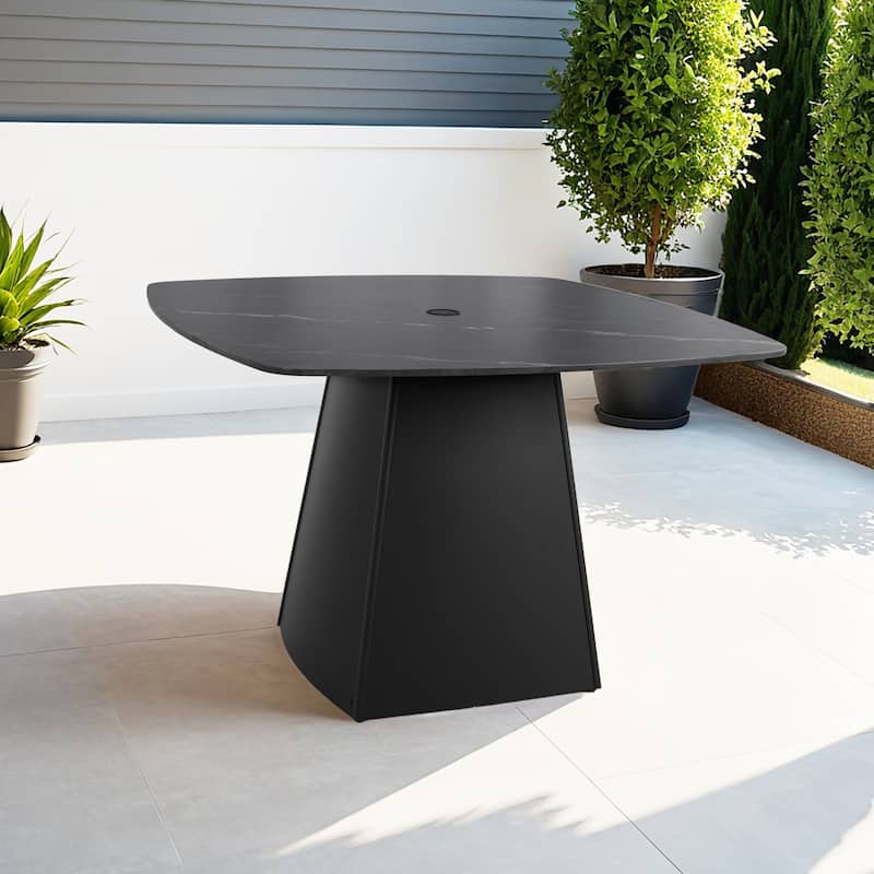 Contemporary 44-Inch Rounded Square Pedestal Table - Weatherproof Sintered Stone Top With Aluminum Pyramid Base.