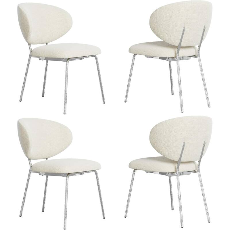 White Velvet Dining Chairs with Hammered Finish Metal Legs - Silver - Set of 4