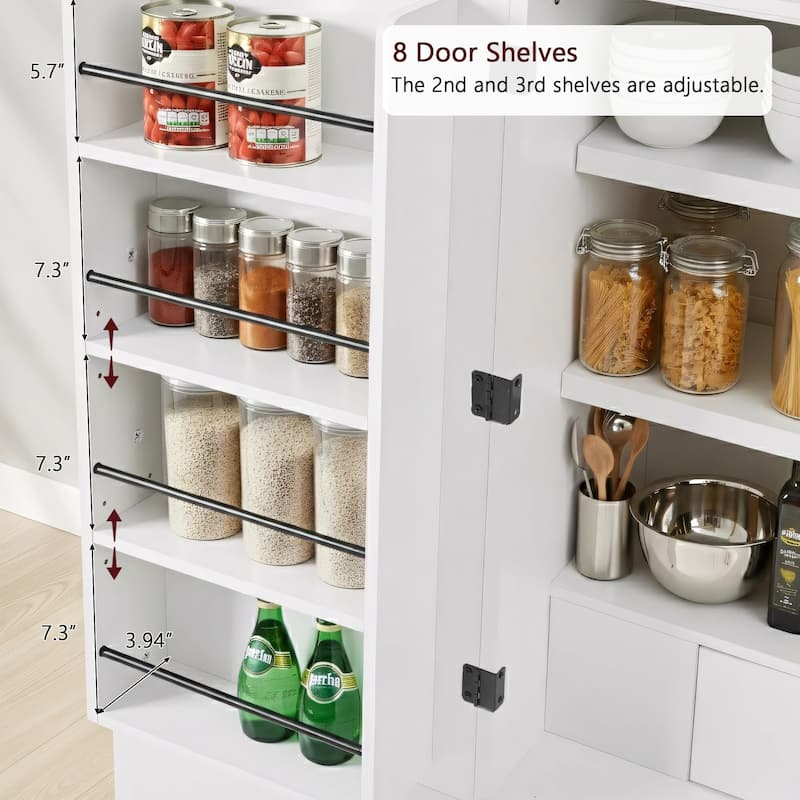 72" Tall Arched Kitchen Pantry Cabinet with 8 Door Shelves, Fluted Storage Cabinets with 3 Adjustable Shelves, Hidden Drawer