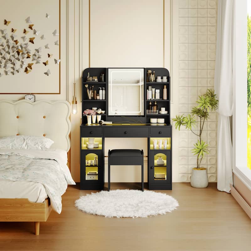 Roomfitters 43.2" Makeup Vanity Desk with LED Lighted Mirror, Glass Door Cabinets, Charging Station and Stool