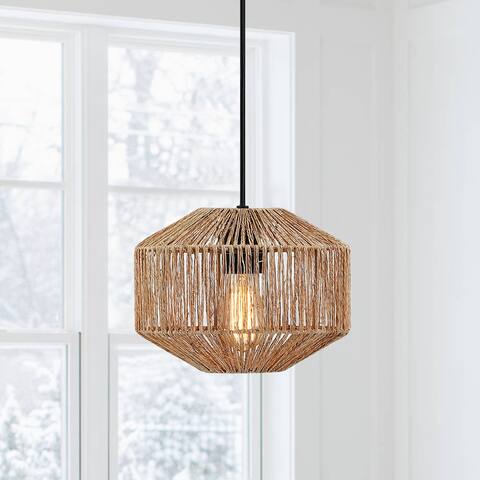 True Fine Bohemian Natural Jute Rope Island Mini Pendant Light with Black Hardware - 10.2 in.W - 10.2 in.W