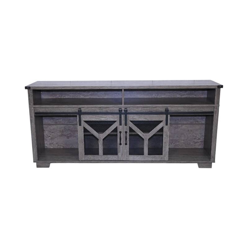 Country Style TV Stand LED TV Stand with Lron Mesh Barn Door and Y Decorative Strip, for Living Rooms, Antique Gray