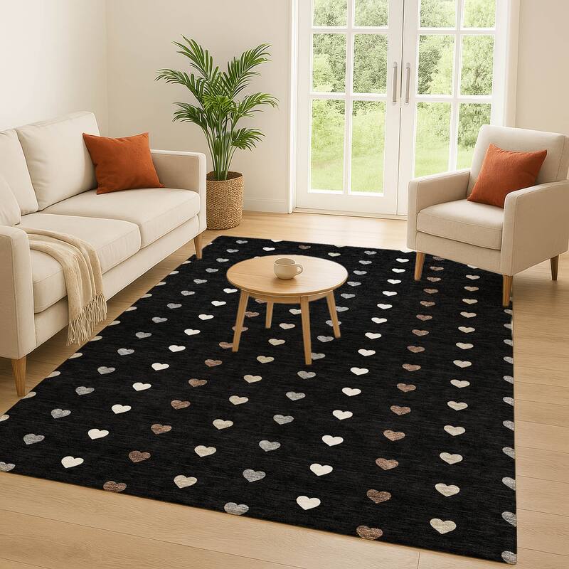 Machine Washable Indoor/ Outdoor Modern Hearts Chantille Rug