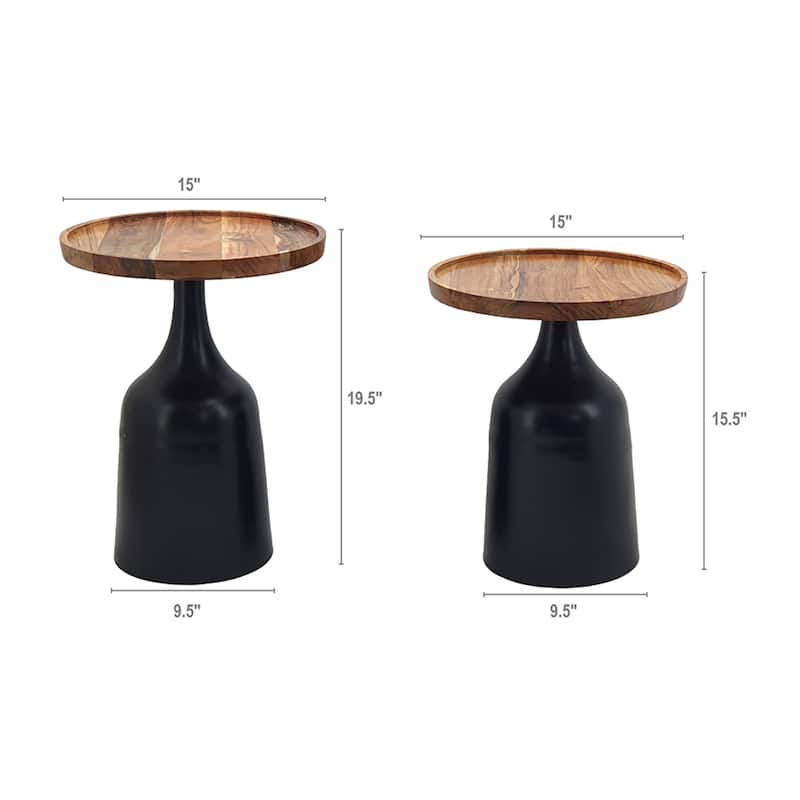 Retro Round Side Tables With Metal Base 19.5" Black and Brown 2Ct