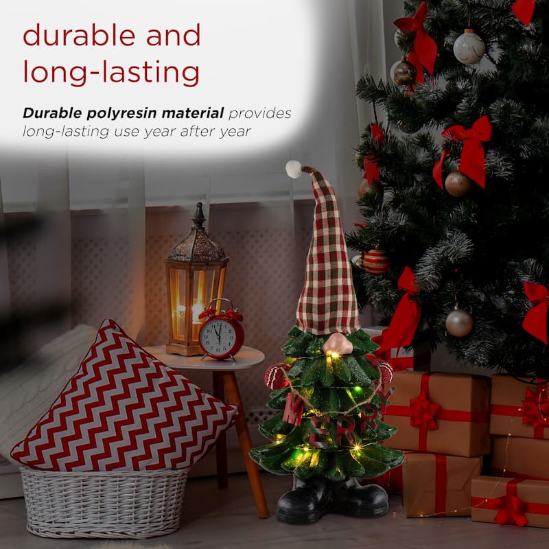 Alpine Corporation 28"H Polyresin Christmas Tree Gnome Decoration with Color Changing LED Lights