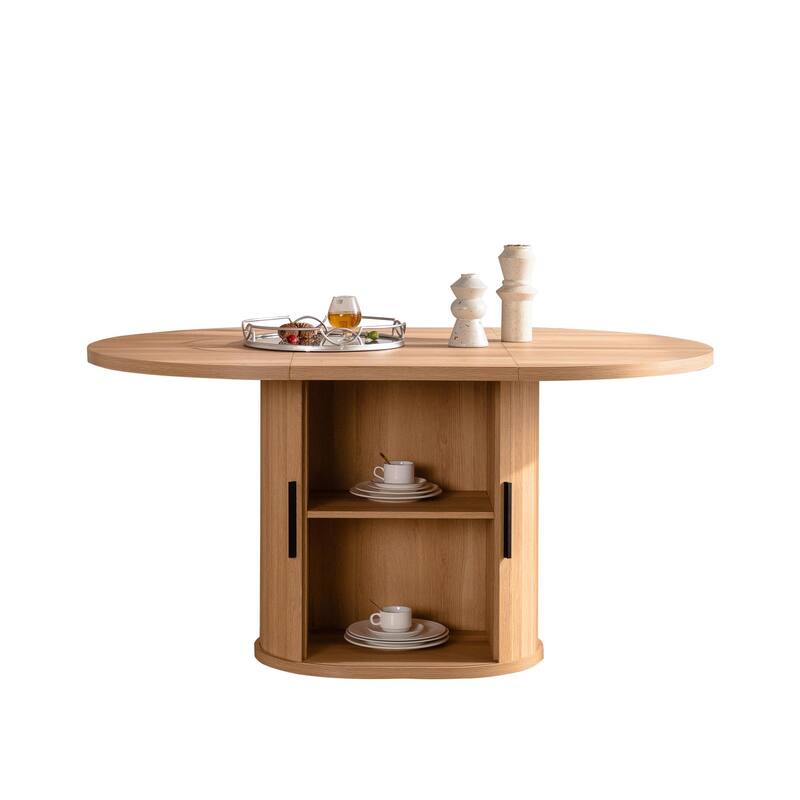 59" Modern Oval Dining Table with Storage Shelf, Wood Sliding Door Kitchen Table for 4-6 People