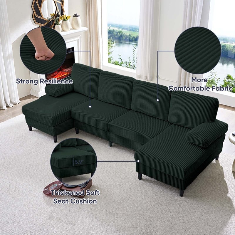 Mixoy W110"U-Shaped Sectional Sofa Couches with Double Chaises and Sleepable Armrests,Corduroy Upholstered 4-Seater Sofa