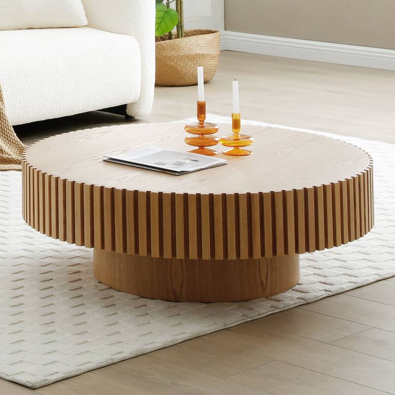 31.49'' Round Wood Coffee Table for Living Room, Modern Handcraft Drum Coffee Table, Circle Wooden Coffee Table