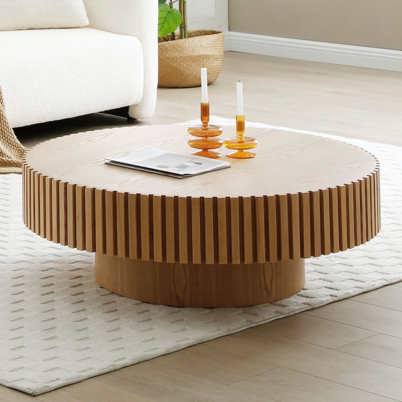 31.5" Wood Coffee Table for Living Room, Modern Handcrafted Drum Table, Small Space Accent Round Coffee Table