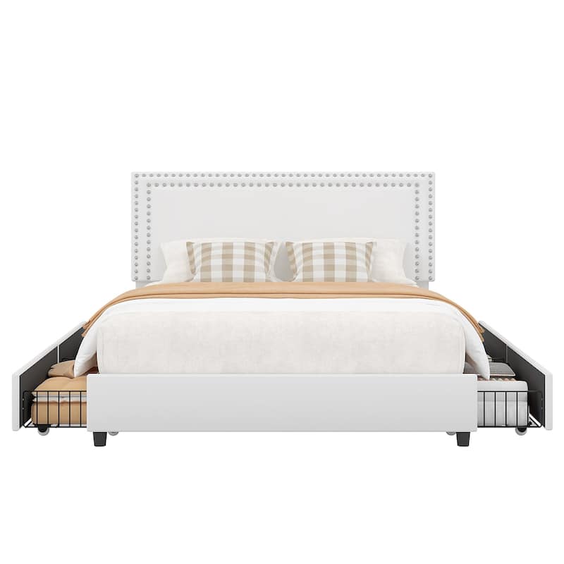 VECELO Upholstered Storage Bed Frames with 4 Storage Drawers, Platform Bed Frame with Adjustable Velvet Rivets Headboard