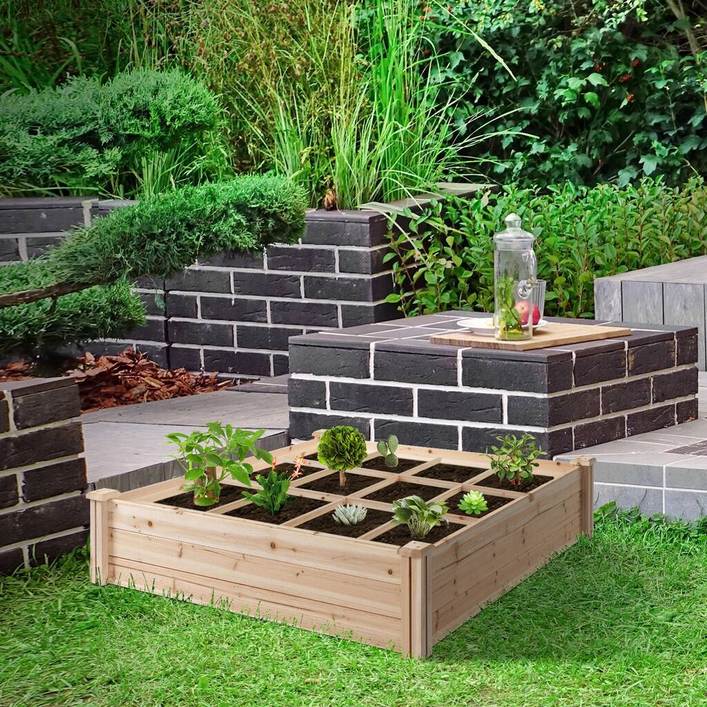 Outsunny 3.9ft x 3.9ft Backyard Raised Garden Bed Box with Segmented Growing Grid, Wood Material for Plants & Herbs