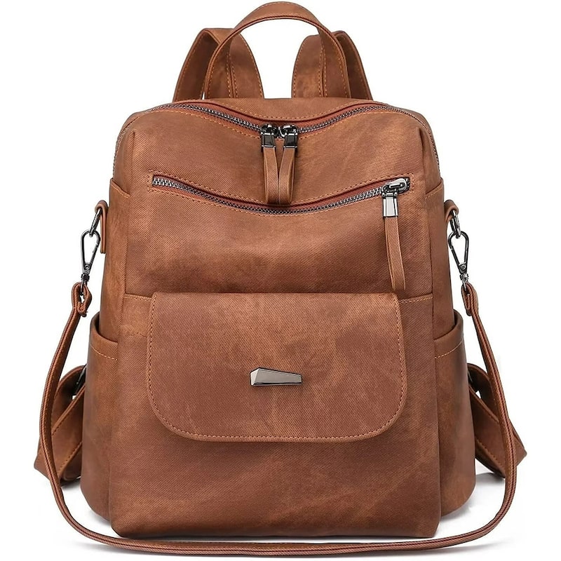 Women's Anti-Theft Leather Backpack, 8-Pocket Work Travel Organizer - Brown