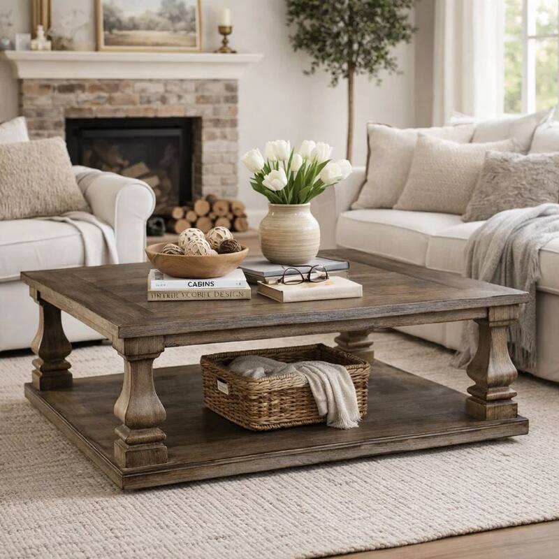 Classic 54 Inch Coffee Table, Baluster Legs, Spacious Top, Weathered Gray