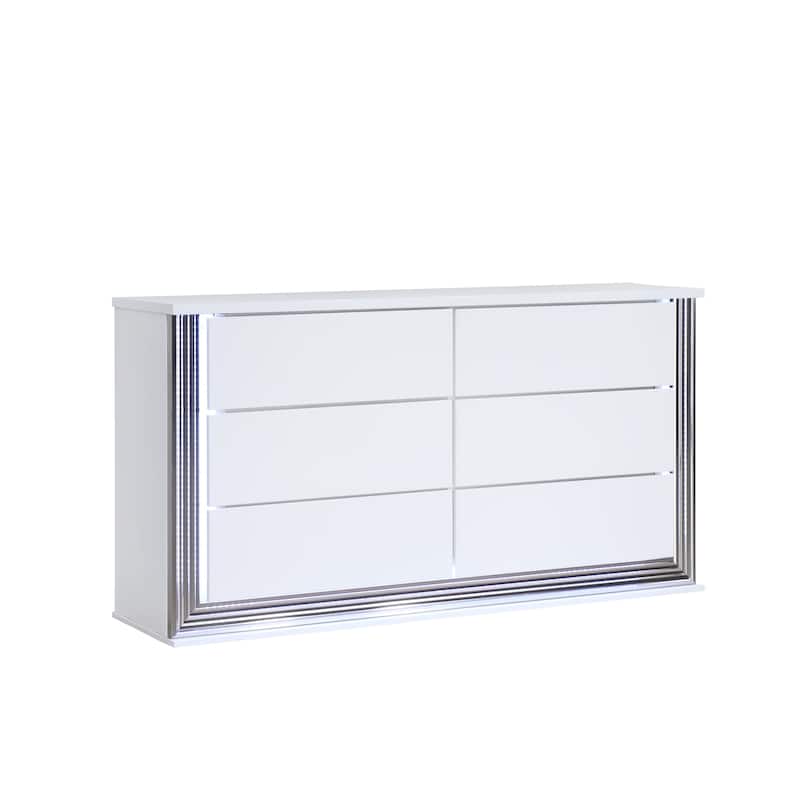 HomeRoots 61" White Wood Lighted Six Drawer Double Dresser
