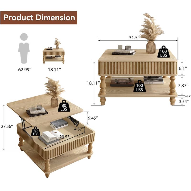Fluted 31.5" Square Lift-Top Coffee Table with Hydraulic Mechanism for Hidden and Open Storage Solutions