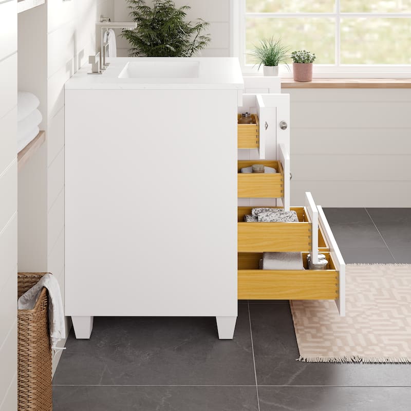 Eviva Acclaim Single Sink Bath Vanity with Carrara Quartz Top and Undermount Porcelain Sink