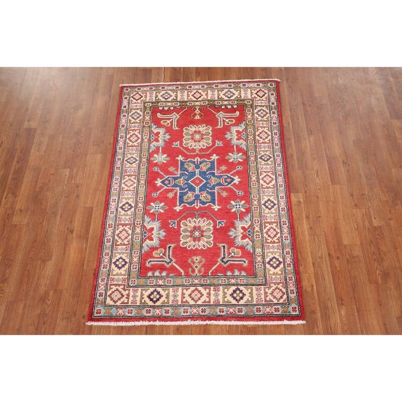 Geometric Red Kazak Oriental Accent Rug Handmade Wool Carpet - 3'4" x 5'0"