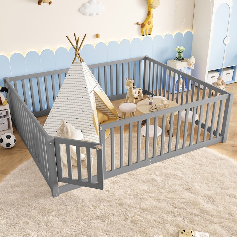 Montessori Floor Bed with Safety Guardrails & Door, Kids Low Profile Frame, Available in Queen/Full/Twin - Grey - Queen