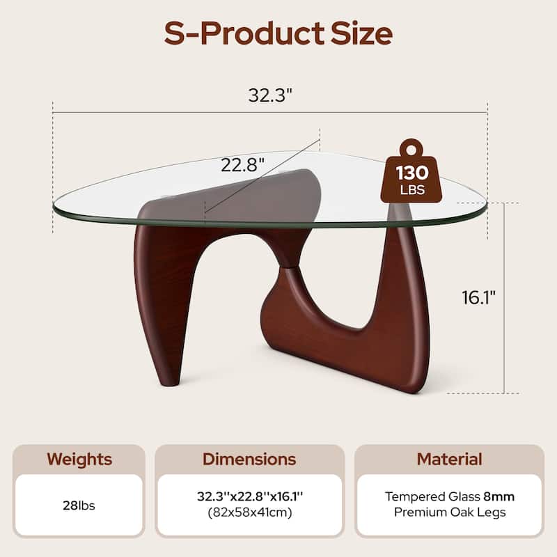 Mid Century Triangle Coffee Table Tempered Glass Top With Rubber - Dark Walnut S Size 