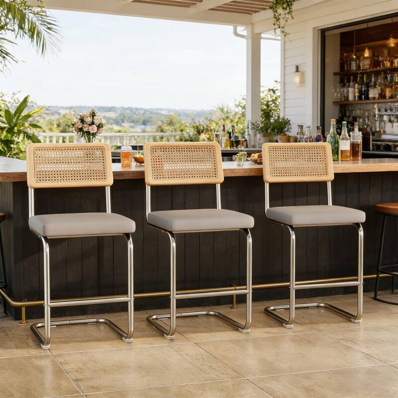 Set of 3 Counter Height Bar Stools with Woven Rattan Back and Footrest for Kitchen Island - 26" H - Grey/PU