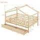 preview thumbnail 18 of 34, Kids Funny Canopy Bed Wooden Frame House Bed Full Size Platform Bed Daybed with Roof, Safety Guardrail and Drawers