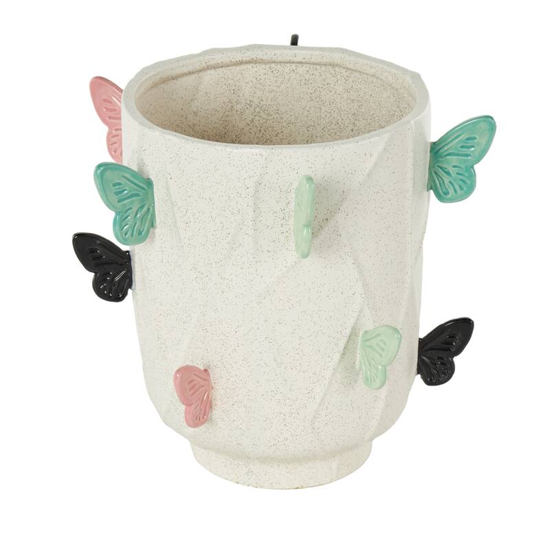 White Ceramic Wide Butterfly Decorative Vase with Multicolor Accents