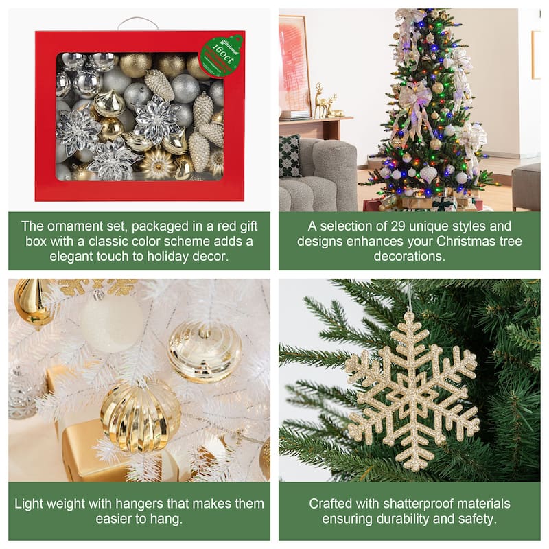 Glitzhome 160ct Christmas Elegant 29-Finish Ball Boxed Shatterproof Ornaments