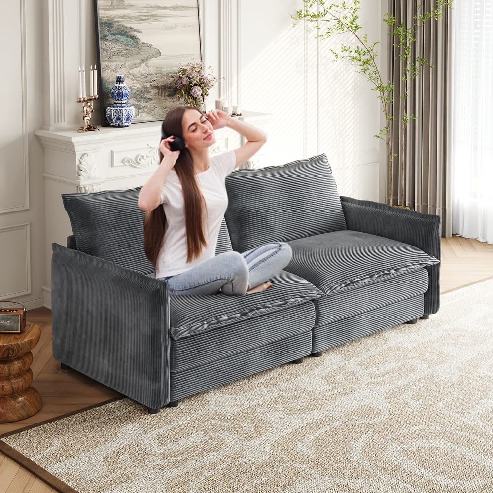 Deep Seating Corduroy Upholstered Loveseat Sofa with Pillows