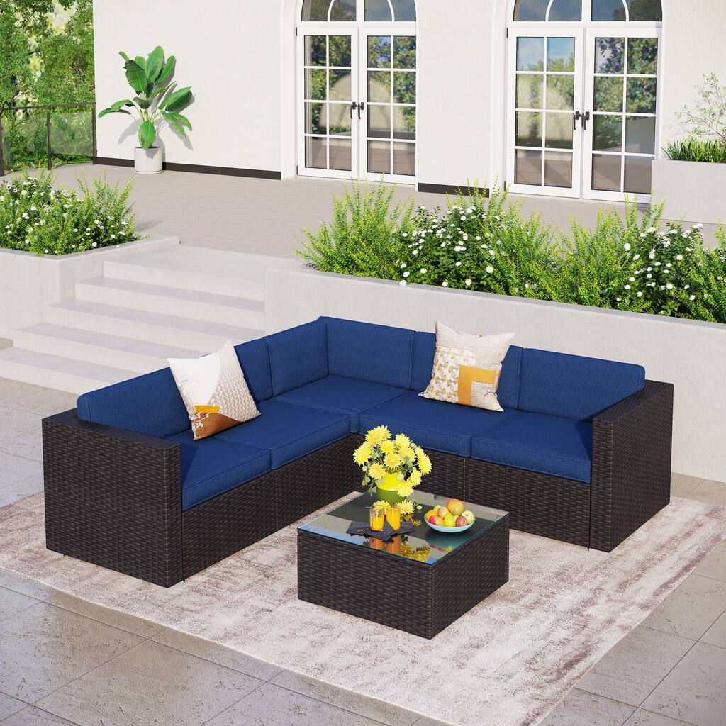 6-Piece Outdoor Sectional Sofa Rattan Patio Furniture Set Conversation Set with Tea Table