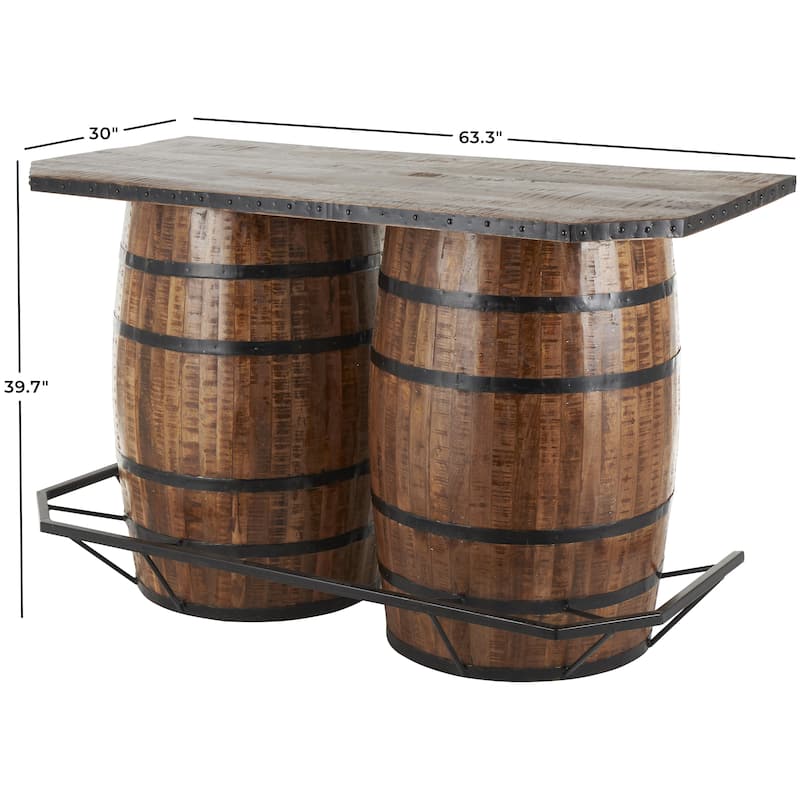 Mango Wood Barrels Bar with Live Edge Tabletop and Black Metal Support - Brown - Roche River Decor