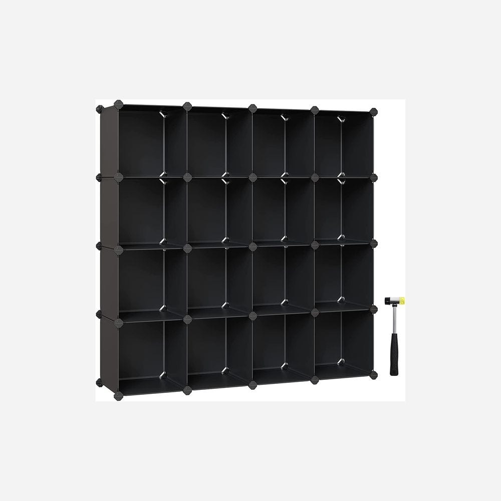 Black 16-Cube DIY Storage Organizer Shelf with ABS Connectors and Shelving for Living Room or Entryway