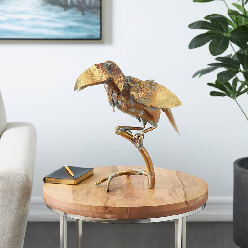 Bronze Metal Patina Parrot Decorative Garden Sculpture with Branch Stand - Bronze