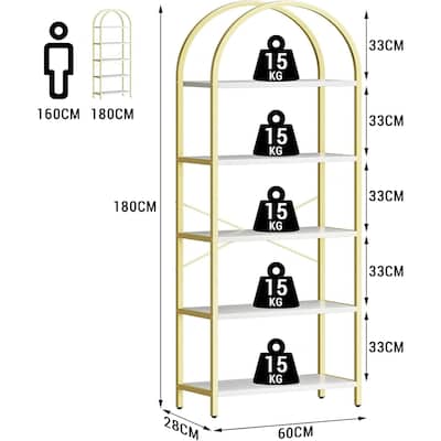 5-Tier Arched Bookshelf, Tall Wood Bookcase with Metal Frame, Modern Storage Rack for Living Room, Bedroom, or Home Office