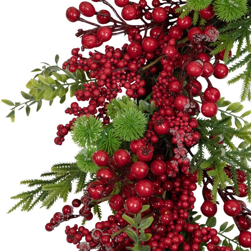 Artificial Frosted Red Berry and Pine Christmas Wreath, 28-Inch, Unlit